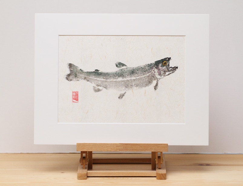 gyotaku print of rainbow trout in metalic inks